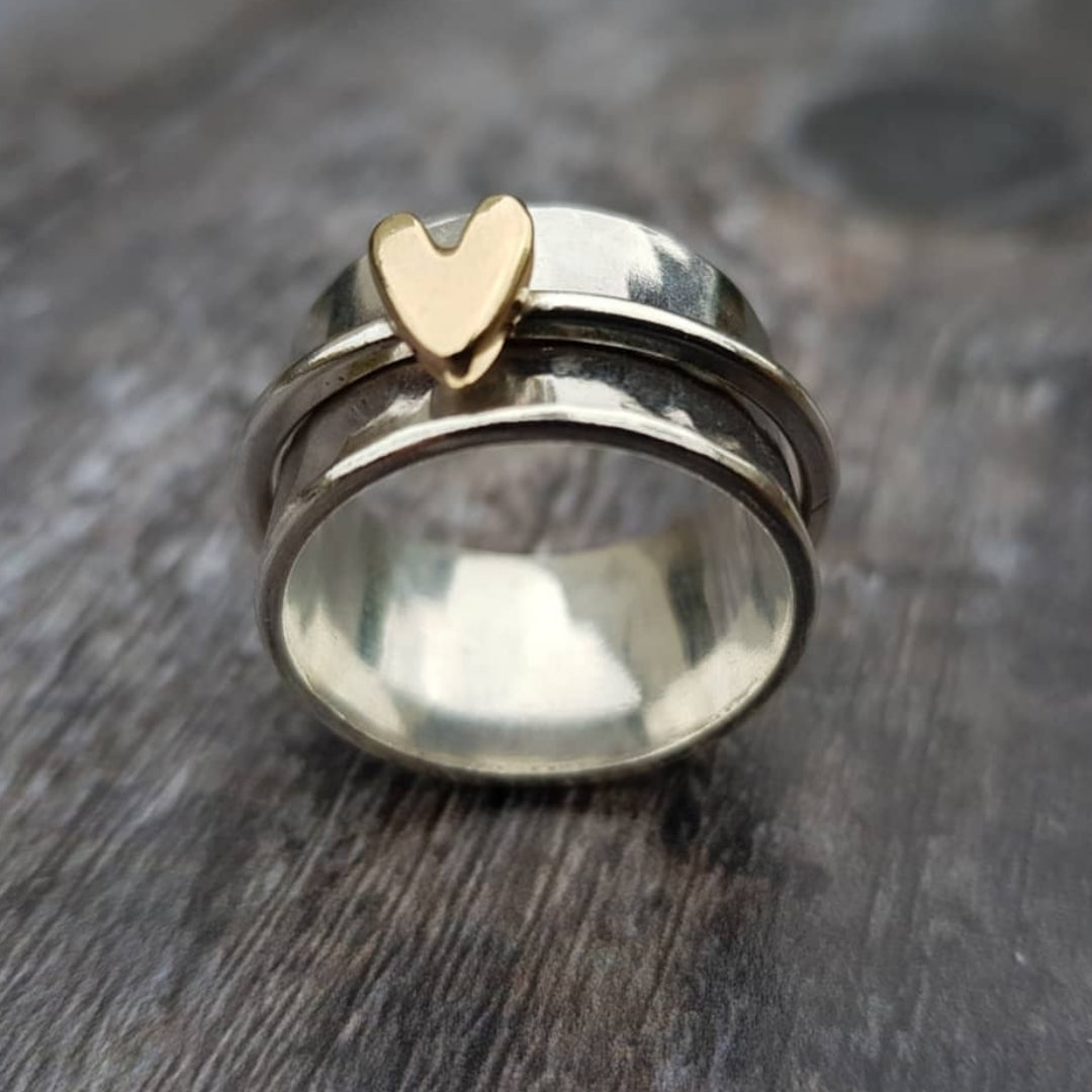 Lena™ | Women’s Vintage Silver Ring with Gold Heart